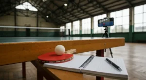 Rakietka do ping-ponga i pileczka na stole obok notatnika z pustymi rubrykami, w tle telefon na statywie w hali sportowe