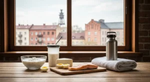 Potreningowy posilek bialkowy na drewnianym stole - skyr, twarog, jajka, losos i shaker, w tle slaskie kamienice i wieza