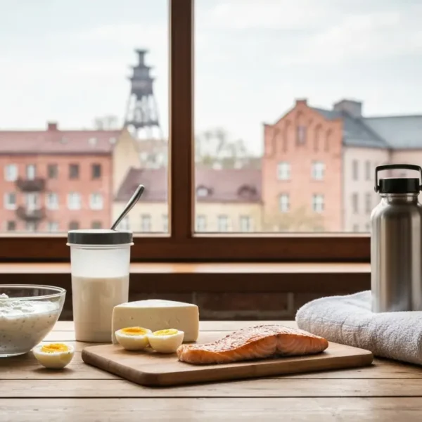 Potreningowy posilek bialkowy na drewnianym stole - skyr, twarog, jajka, losos i shaker, w tle slaskie kamienice i wieza