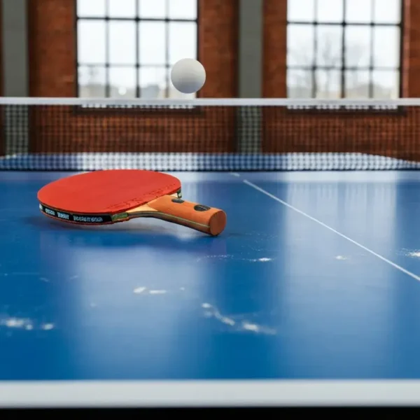 Zblizenie na niebieski stol do tenisa stolowego z rakietka i pilka nad siatka w slaskiej hali sportowej