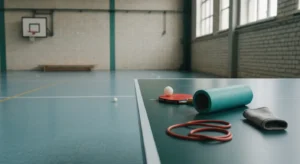Sala tenisa stolowego na Slasku - stol do ping-ponga, rakietka i pilka, obok roller, guma treningowa i opaska na kolano