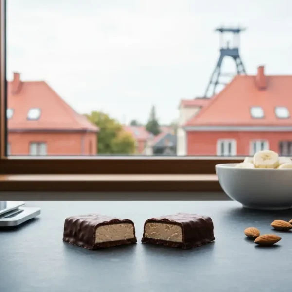 Przekrojony baton proteinowy na kamiennym blacie obok wagi kuchennej, migdalow i skyru z bananem, w tle slaskie kamienic