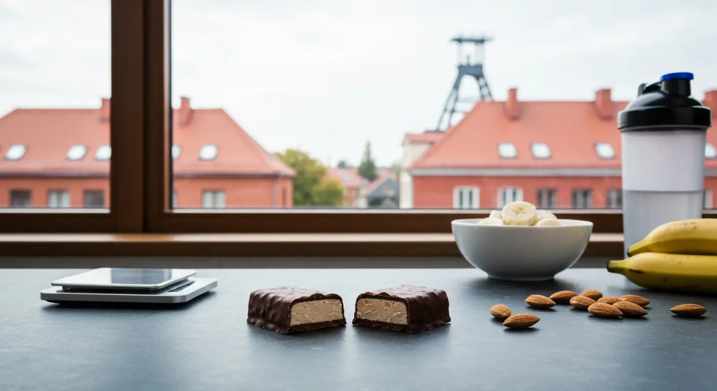 Przekrojony baton proteinowy na kamiennym blacie obok wagi kuchennej, migdalow i skyru z bananem, w tle slaskie kamienic