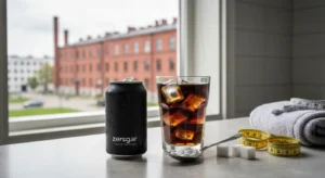 Puszka coli zero z kroplami wody, szklanka z lodem, tabletki slodziika i kostki cukru na kuchennym blacie przy oknie