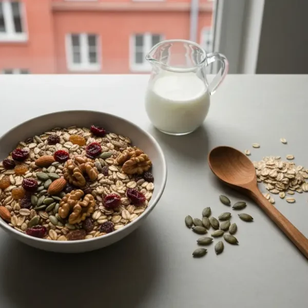Miska musli z platkami owsianymi, suszonymi owocami i orzechami obok dzbanka z mlekiem i wagi kuchennej