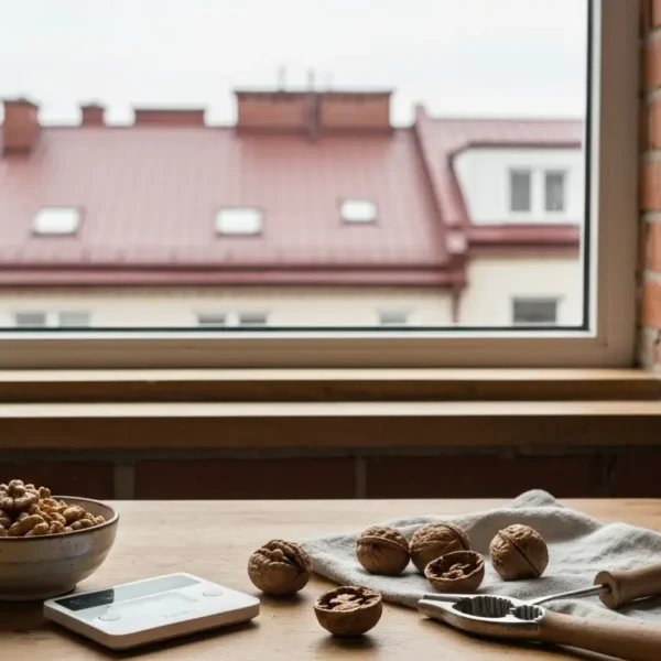 Miska orzechow wloskich i waga kuchenna na stole przy oknie ze slaska ceglana kamienica w tle