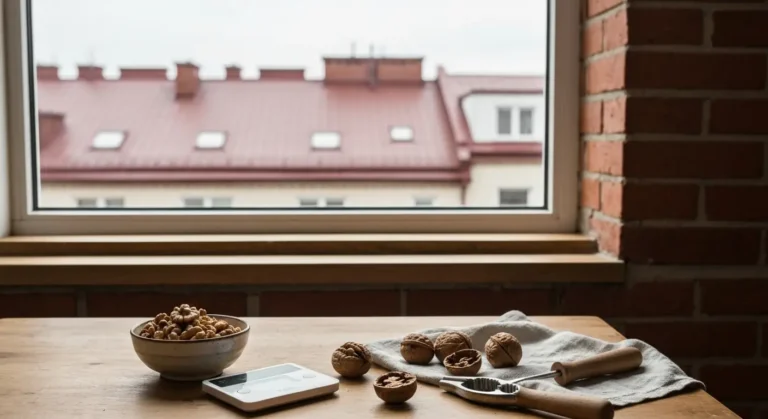 Miska orzechow wloskich i waga kuchenna na stole przy oknie ze slaska ceglana kamienica w tle