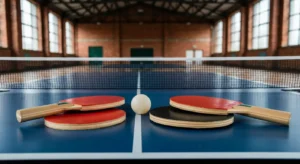 Trzy deski do tenisa stolowego z okladzinami i pileczka na stole w slaskiej hali sportowej