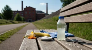 Bidon z izotonikiem, sól, banan i przepocona koszulka biegowa na ławce przy ścieżce w śląskim parku w upalny dzień