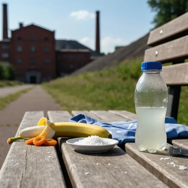 Bidon z izotonikiem, sól, banan i przepocona koszulka biegowa na ławce przy ścieżce w śląskim parku w upalny dzień