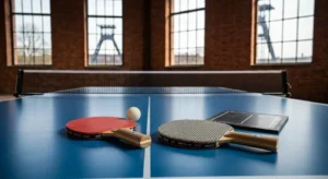 Rakietki do tenisa stolowego z gladka okladzina i dlugimi czopami na stole w slaskiej hali sportowej