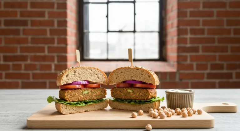 Przekrojony burger roślinny z kotletem ze strączków i sosem na drewnianej desce w śląskiej kawiarni z ceglaną ścianą