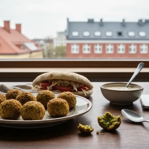 Talerz smazonych kulek falafela z pita, sosem tahini i hummusem na drewnianym stole, w tle slaskie kamienice z czerwonej