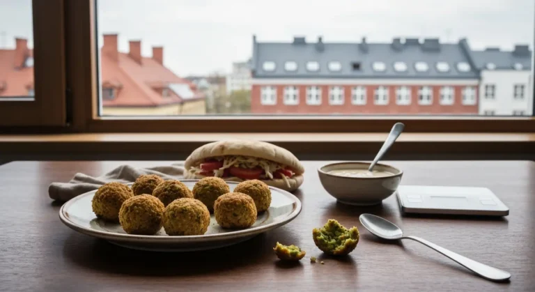 Talerz smazonych kulek falafela z pita, sosem tahini i hummusem na drewnianym stole, w tle slaskie kamienice z czerwonej