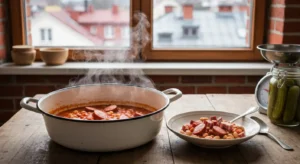 Garnek fasolki po bretonsku z kielbasa i boczkiem na drewnianym stole, w tle slaska kamienica za oknem