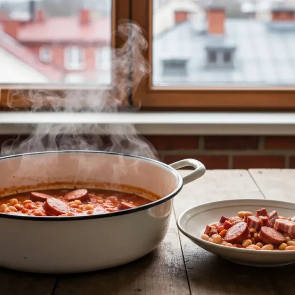 Garnek fasolki po bretonsku z kielbasa i boczkiem na drewnianym stole, w tle slaska kamienica za oknem