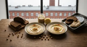 Miska hummusu z oliwa, tahini i ciecierzyca obok kromek zytniego chleba i pity na drewnianym stole, w tle ceglana kamien