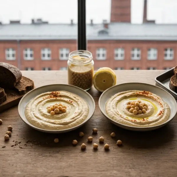 Miska hummusu z oliwa, tahini i ciecierzyca obok kromek zytniego chleba i pity na drewnianym stole, w tle ceglana kamien