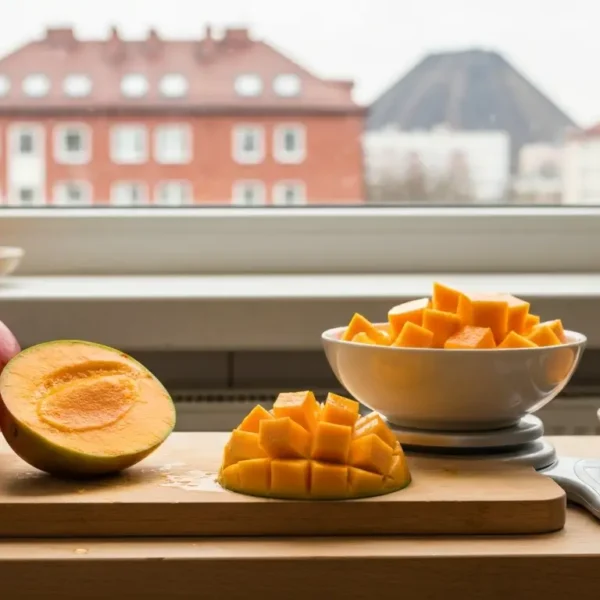 Dojrzale mango pokrojone w kostke na desce obok wagi kuchennej, w tle slaska kamienica za oknem