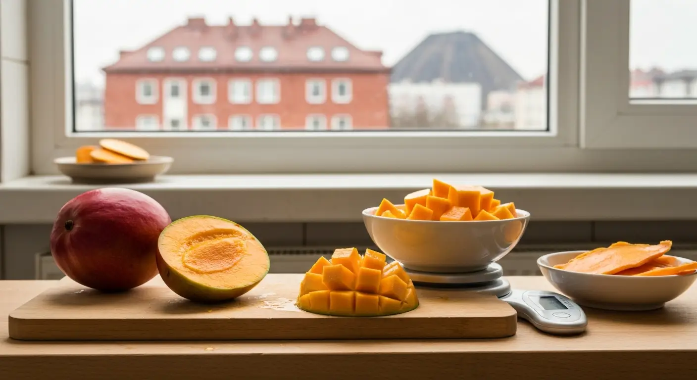 Dojrzale mango pokrojone w kostke na desce obok wagi kuchennej, w tle slaska kamienica za oknem