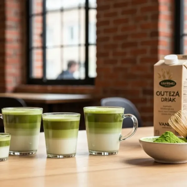 Trzy szklanki matcha latte w roznych rozmiarach na drewnianym stole, obok miseczka sproszkowanej matchy z bambusowa miot