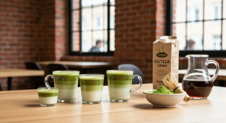 Trzy szklanki matcha latte w roznych rozmiarach na drewnianym stole, obok miseczka sproszkowanej matchy z bambusowa miot