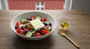 Biala miska salatki greckiej z fetą, oliwkami i oliwą na drewnianym stole w jasnej kuchni