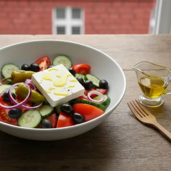 Biala miska salatki greckiej z fetą, oliwkami i oliwą na drewnianym stole w jasnej kuchni