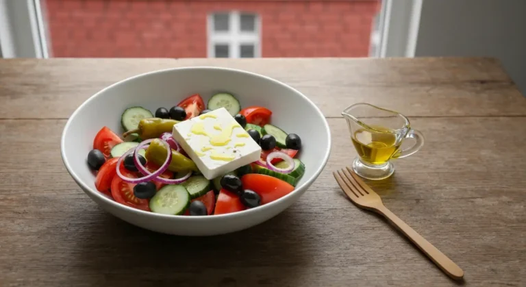 Biala miska salatki greckiej z fetą, oliwkami i oliwą na drewnianym stole w jasnej kuchni