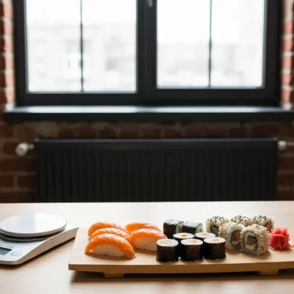 Deska z rolkami sushi, miseczka sosu sojowego i waga kuchenna na stole w śląskiej kamienicy