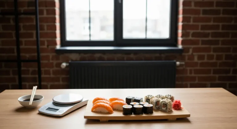 Deska z rolkami sushi, miseczka sosu sojowego i waga kuchenna na stole w śląskiej kamienicy