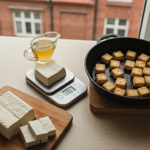 Kostki smazonego tofu na patelni obok wagi kuchennej, oleju rzepakowego i marynaty sojowej w slaskiej kuchni