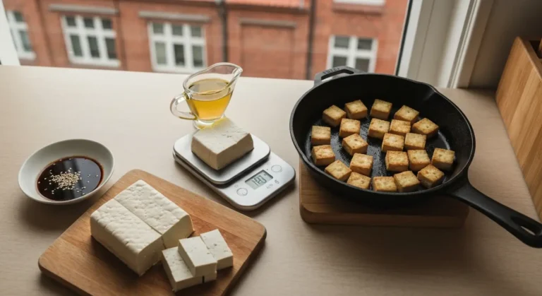 Kostki smazonego tofu na patelni obok wagi kuchennej, oleju rzepakowego i marynaty sojowej w slaskiej kuchni