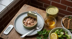Otwarta puszka tunczyka na talerzu, obok miseczka oleju, waga kuchenna i salatka na drewnianym stole w slaskiej kuchni