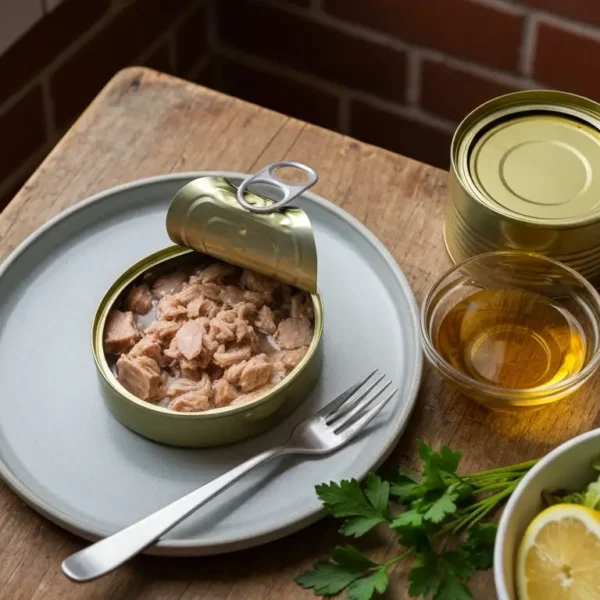Otwarta puszka tunczyka na talerzu, obok miseczka oleju, waga kuchenna i salatka na drewnianym stole w slaskiej kuchni