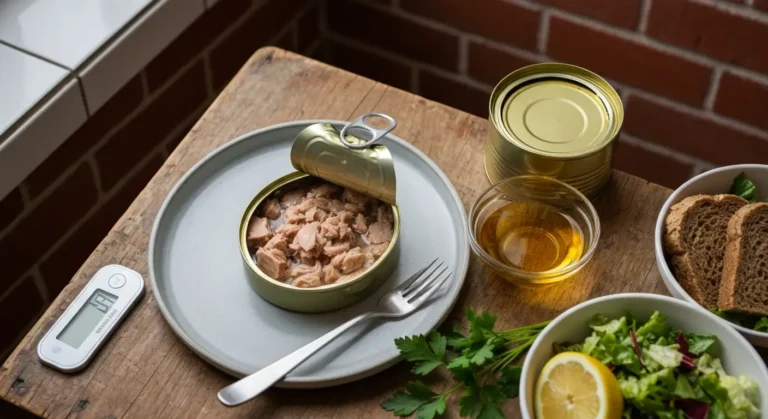 Otwarta puszka tunczyka na talerzu, obok miseczka oleju, waga kuchenna i salatka na drewnianym stole w slaskiej kuchni
