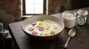 Misa zurku z polowka jajka, kielbasa i smietana na drewnianym stole, obok sloik zakwasu zytniego i waga kuchenna