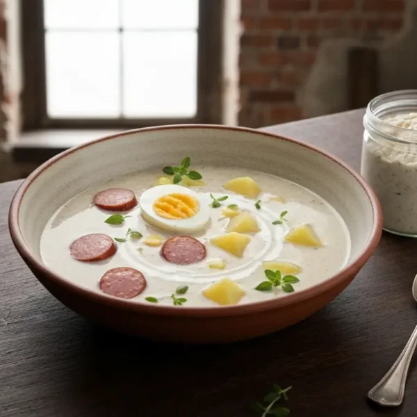 Misa zurku z polowka jajka, kielbasa i smietana na drewnianym stole, obok sloik zakwasu zytniego i waga kuchenna