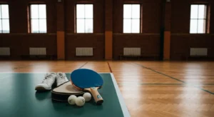 Rakietka do tenisa stolowego i pileczki 40+ na stole w slaskiej hali sportowej