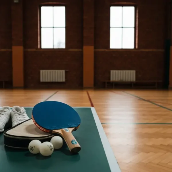 Rakietka do tenisa stolowego i pileczki 40+ na stole w slaskiej hali sportowej