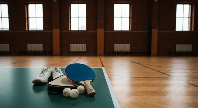 Rakietka do tenisa stolowego i pileczki 40+ na stole w slaskiej hali sportowej