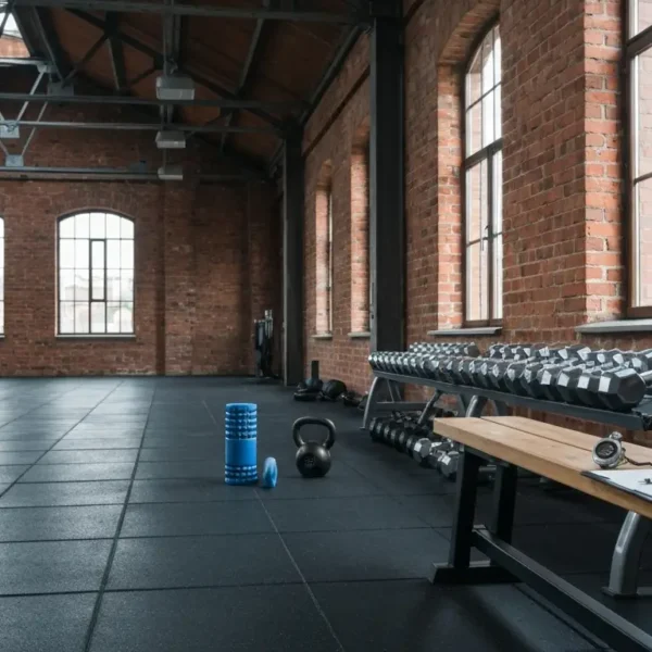 Studio treningu personalnego w ceglanej hali na Śląsku - hantle, kettlebell i plan treningowy na ławce