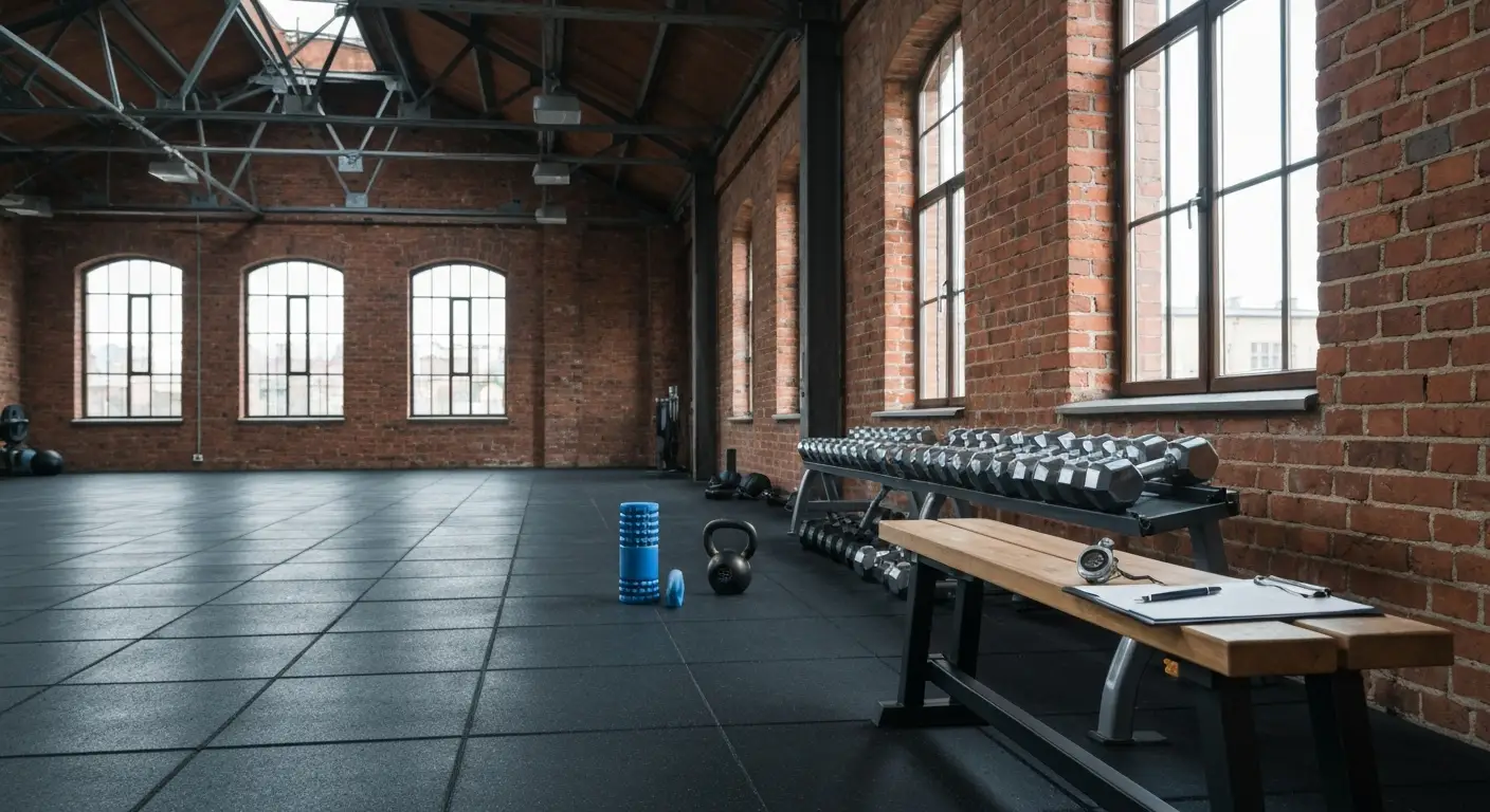 Studio treningu personalnego w ceglanej hali na Śląsku - hantle, kettlebell i plan treningowy na ławce