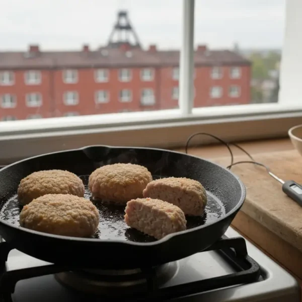 Kotlety mielone smazone na zeliwnej patelni, obok termometr i deska z bulka tarta, w tle slaska kamienica