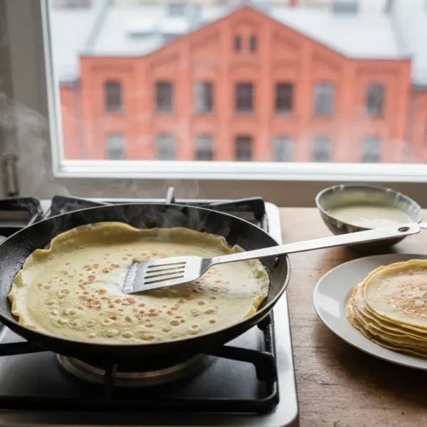 Cienki nalesnik smazony na rozgrzanej patelni z lopatka pod brzegiem, obok stos nalesnikow w slaskiej kuchni