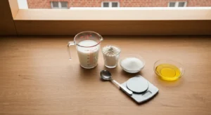 Szklana miarka z mlekiem, szklanka maki, cukier i olej na drewnianym blacie kuchennym obok wagi kuchennej