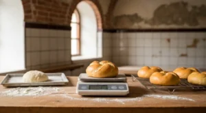 Kajzerka na wadze kuchennej obok kulki surowego ciasta i wystudzonych bulek na kratce w slaskiej piekarni