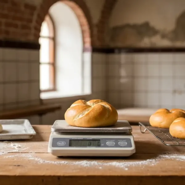 Kajzerka na wadze kuchennej obok kulki surowego ciasta i wystudzonych bulek na kratce w slaskiej piekarni