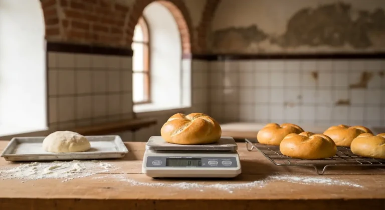 Kajzerka na wadze kuchennej obok kulki surowego ciasta i wystudzonych bulek na kratce w slaskiej piekarni