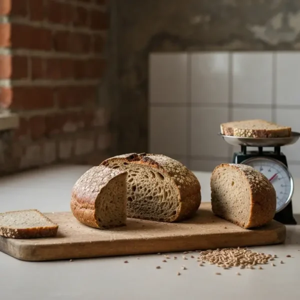 Kromki chleba żytniego o różnej grubości na desce, obok waga kuchenna z jedną kromką i nóż